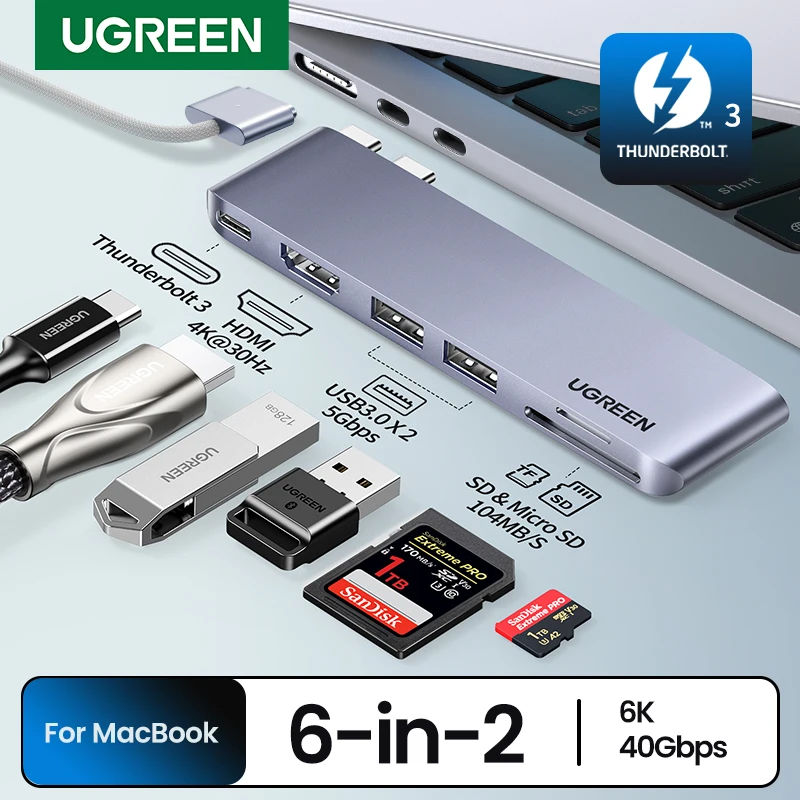 UGREEN USB C HUB 6-in-2 Type-C to Thunderbolt 3 4K HDMI USB3.0 SD&TF Adapter for MacBook Pro Air Docking Station USB-C Splitter — Best for MacBook-specific side-mount style