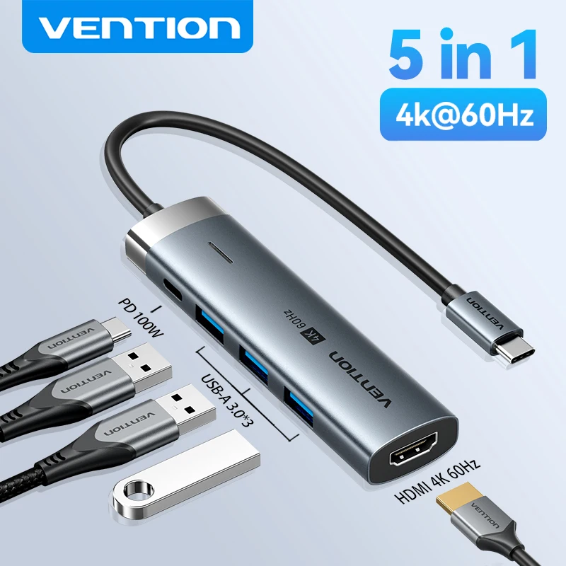 Vention 5 in 1 USB C 4K 60Hz HDMI HUB USB 3.0 HUB PD 100W Multiport Docking Station Adapter for MacBook Dell iPhone iPad Android — Best compact option