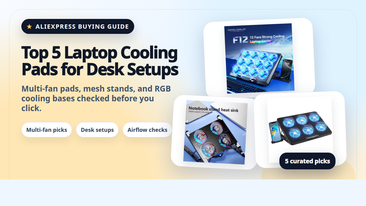 Editorial title card for laptop cooling pads on AliExpress