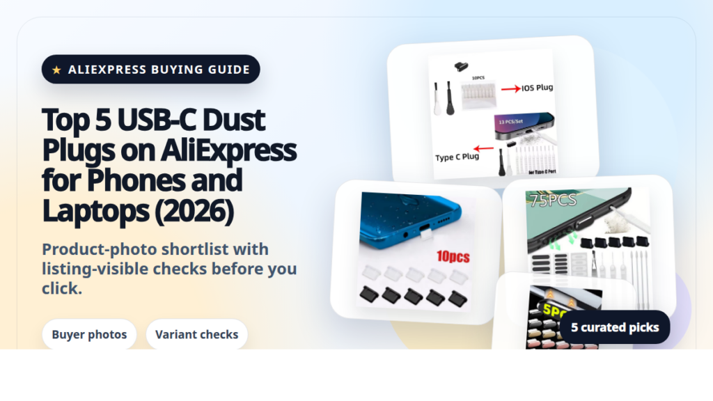 Product collage thumbnail for Top 5 USB-C Dust Plugs on AliExpress for Phones and Laptops (2026)
